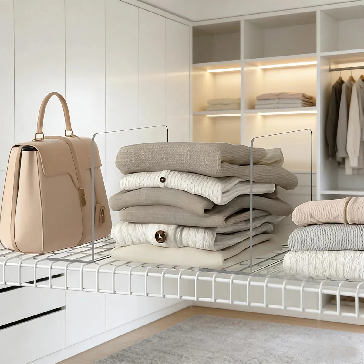10 Piezas Separadores de Estantes, 20 x 12 x 4 cm Organizador Bolsos Armario, Transparente Divisores de Estantes para Armarios, Multifuncional Divisores de Baldas, para Armarios, Cajones