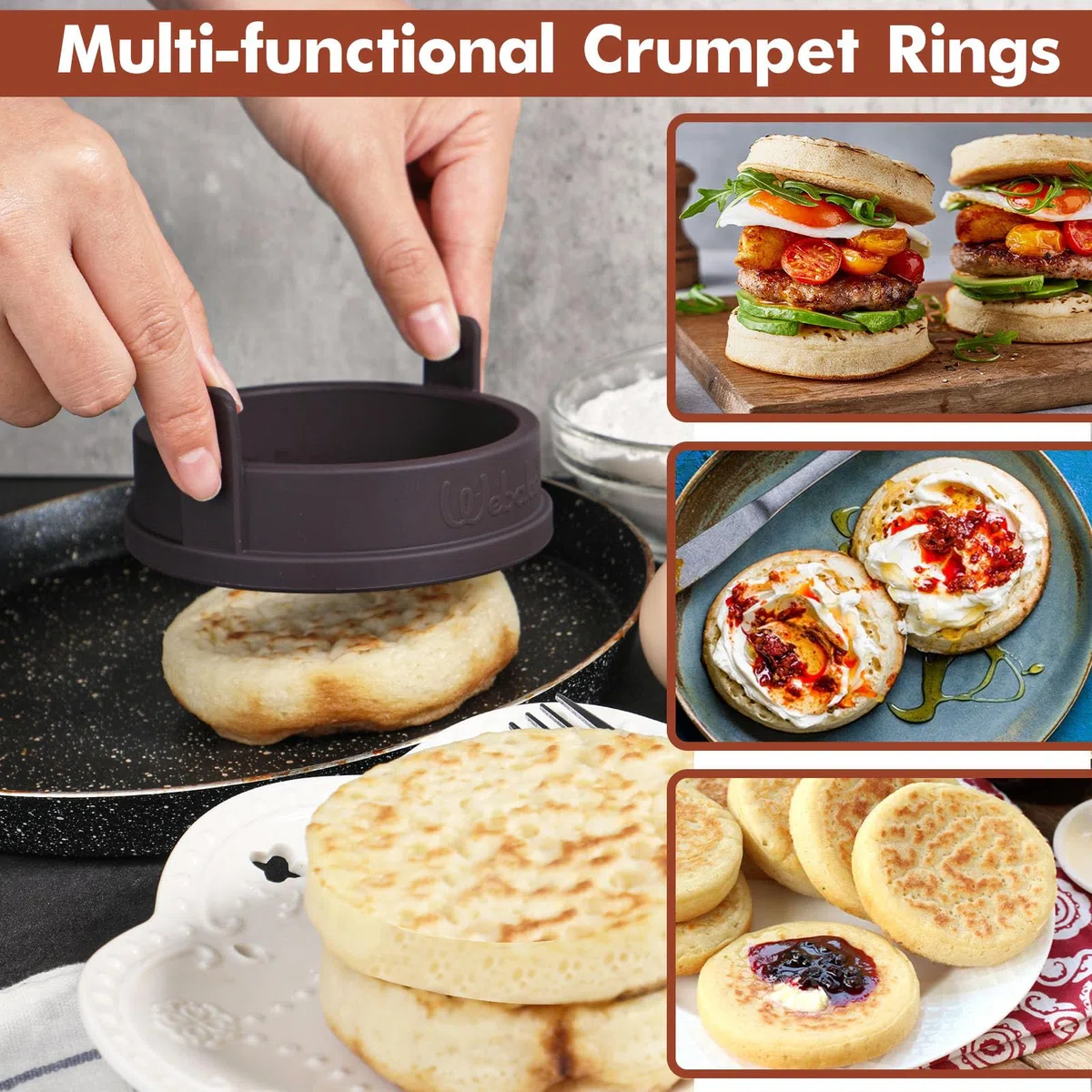 Webake Juego de 4 anillos de silicona para tortitas de 9 cm, para sartén, huevos fritos, anillos para huevos