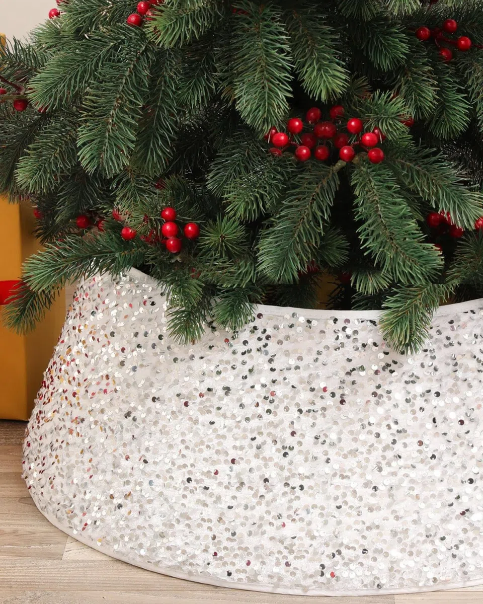 Odot Cubre Pie Arbol de Navidad, Falda Pie para Arbol de Navidad con Purpurina, Blanco Christmas Tree Skirt para Decorar Fiestas en Casa (40 x 60 x 20 cm)