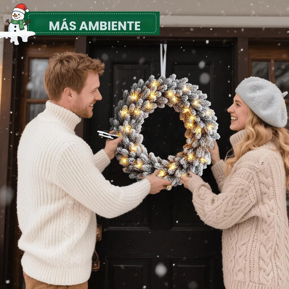 KOIUEYW Corona de 60cm para puerta de Navidad, corona de Navidad para la puerta principal con nieve artificial y LED, corona de adviento artificial creativa con luces, corona de Navidad artificial