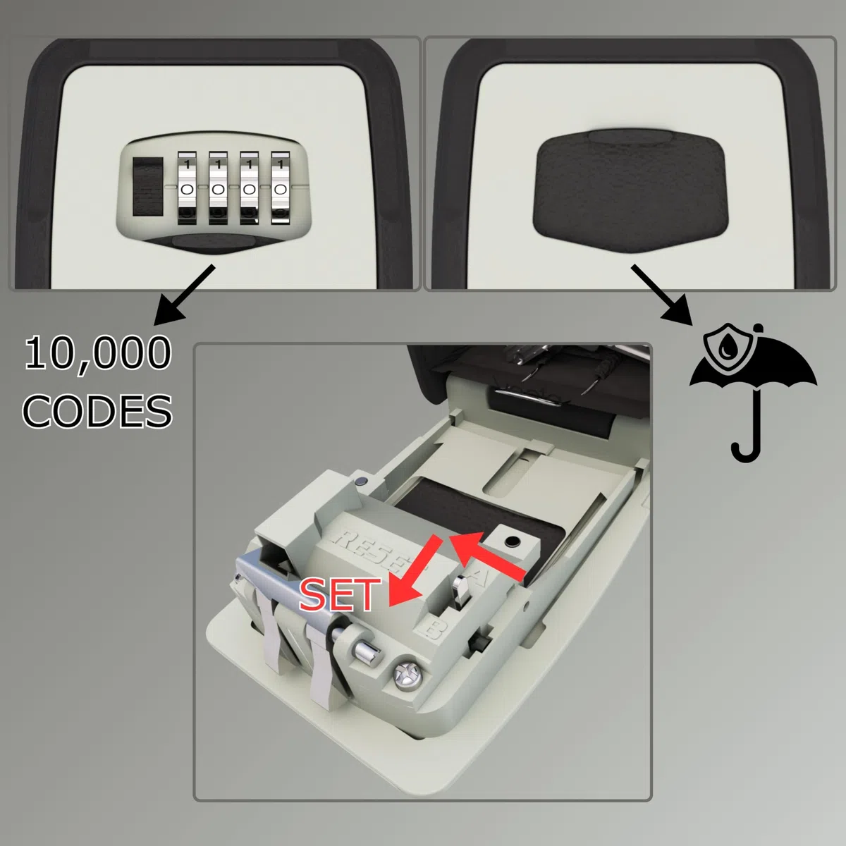 VECTA Caja Fuerte para Llaves con Asa Portátil – Código 4 Dígitos Aluminio Impermeable para 5 Llaves, Negro/Gris – Caja Llaves Pared y Colgante Casa, Airbnb, Garaje