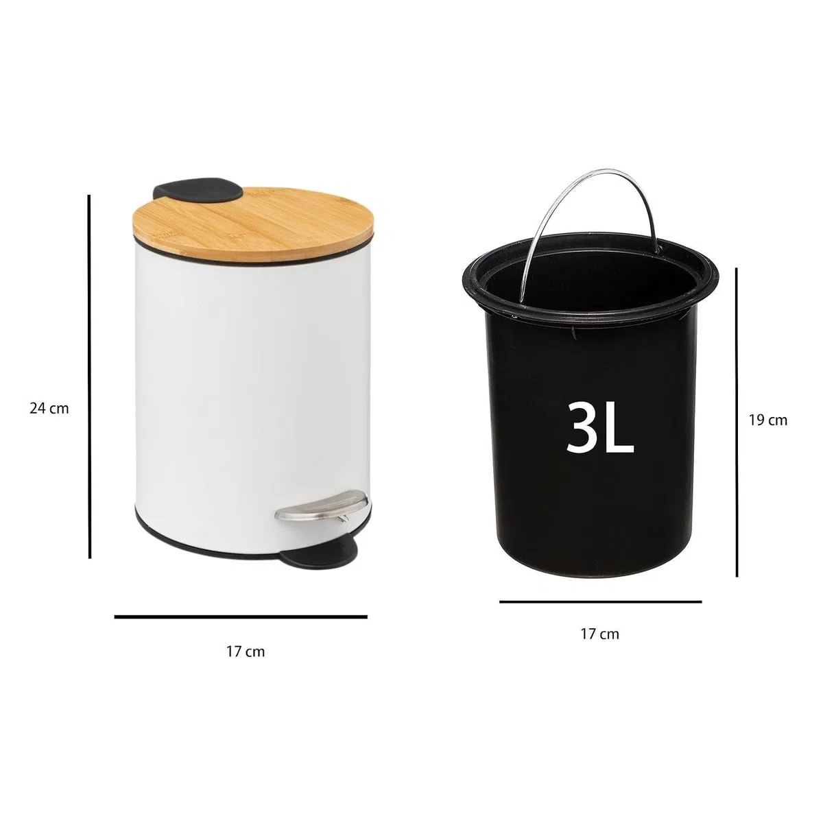 DAMDAM GO Papelera de Baño con Tapa de Bambú 3L – Cubo de Basura con Pedal y Cierre Suave Silencioso, Diseño Elegante Antihuella para Baño, Cocina u Oficina (Blanco)