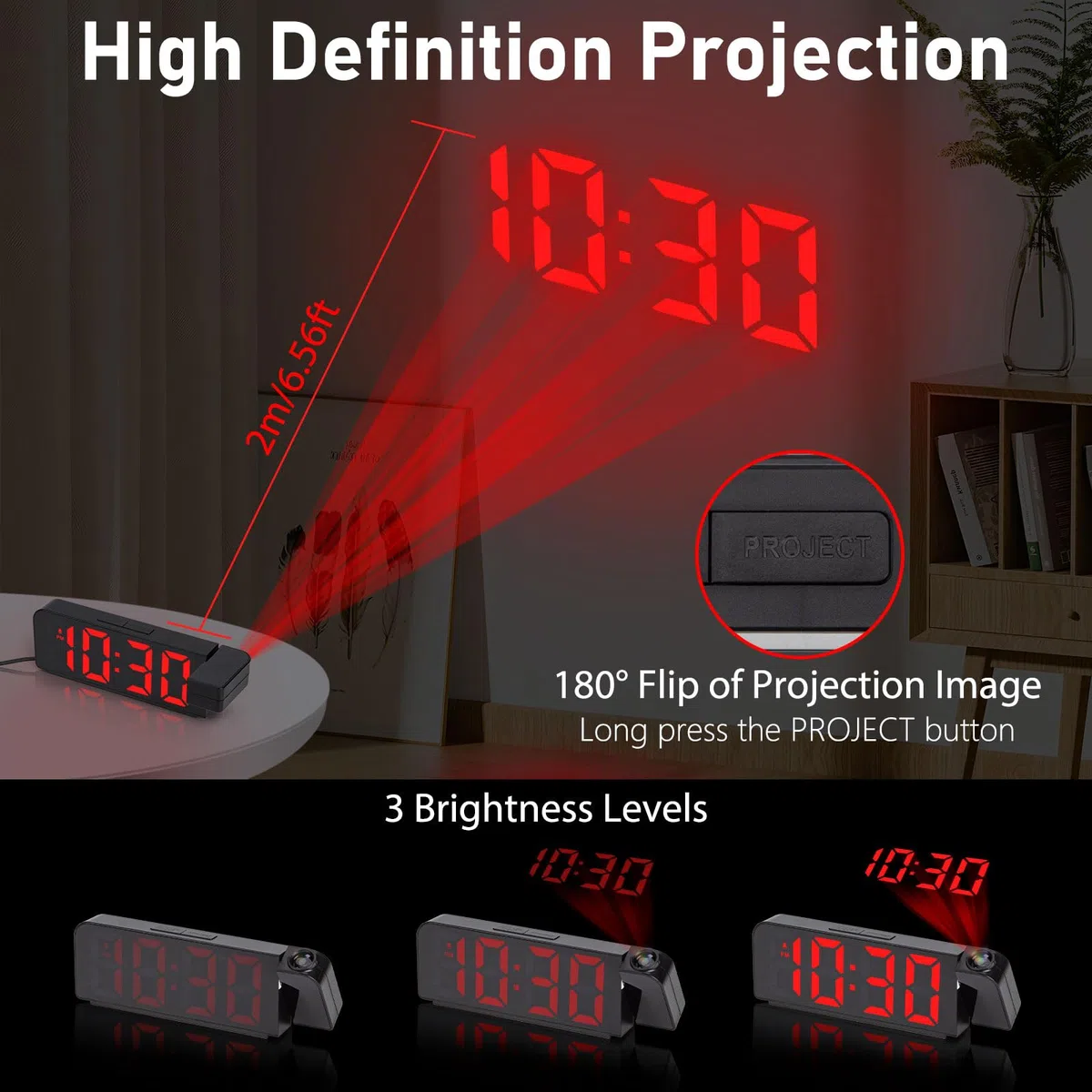 Reloj Despertador Digital con Proyector con Temperatura y Fecha Pantalla Grande RGB 4 Niveles de Brillo Modo Nocturno 12/24H