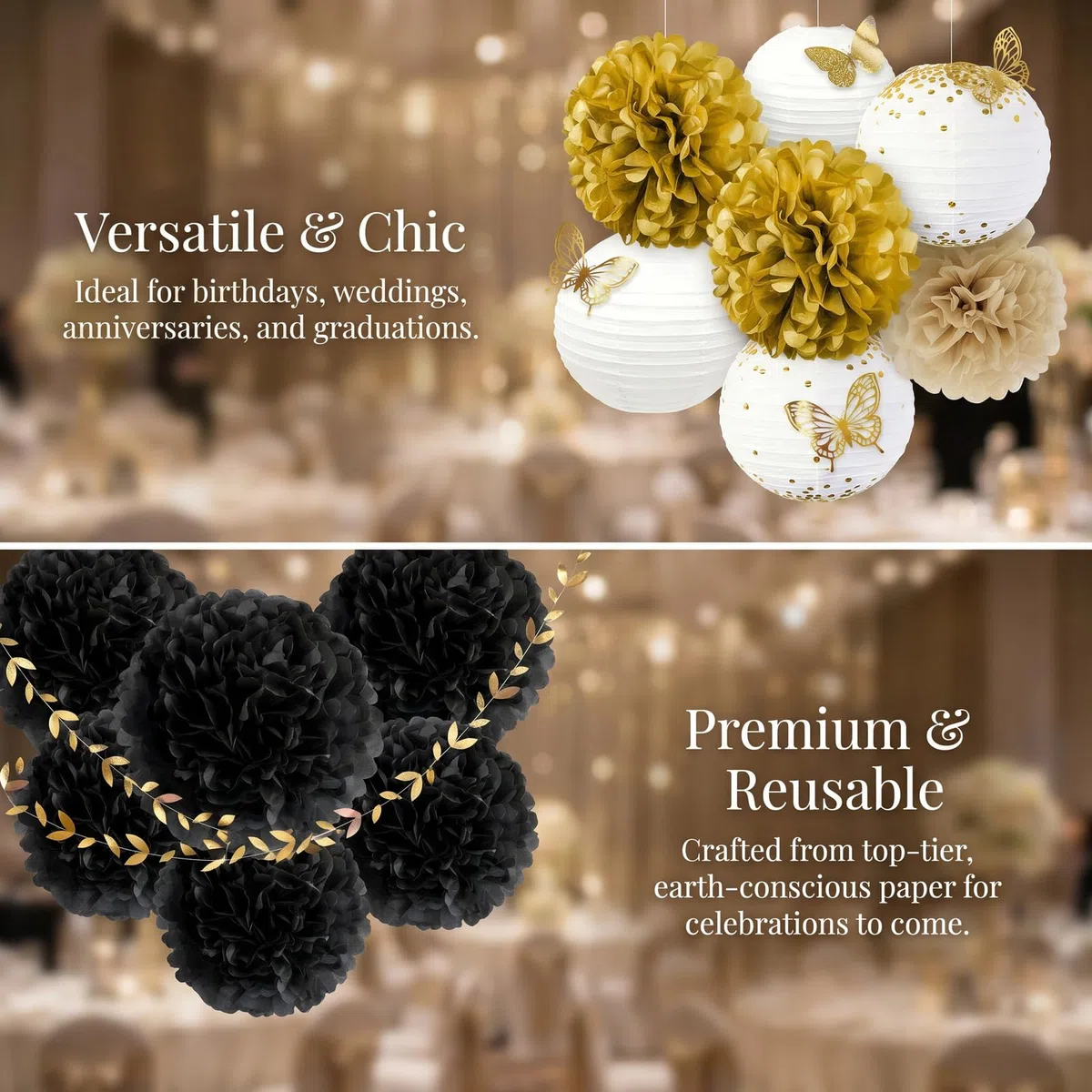 Kit de Decoración para Fiesta Negro y Dorado 18 Piezas Pompones de Papel de Seda, Farolillos de Papel Redondos Guirnaldas de Hojas y Mariposas para Cumpleaños, Boda, Graduaciones Baby Shower