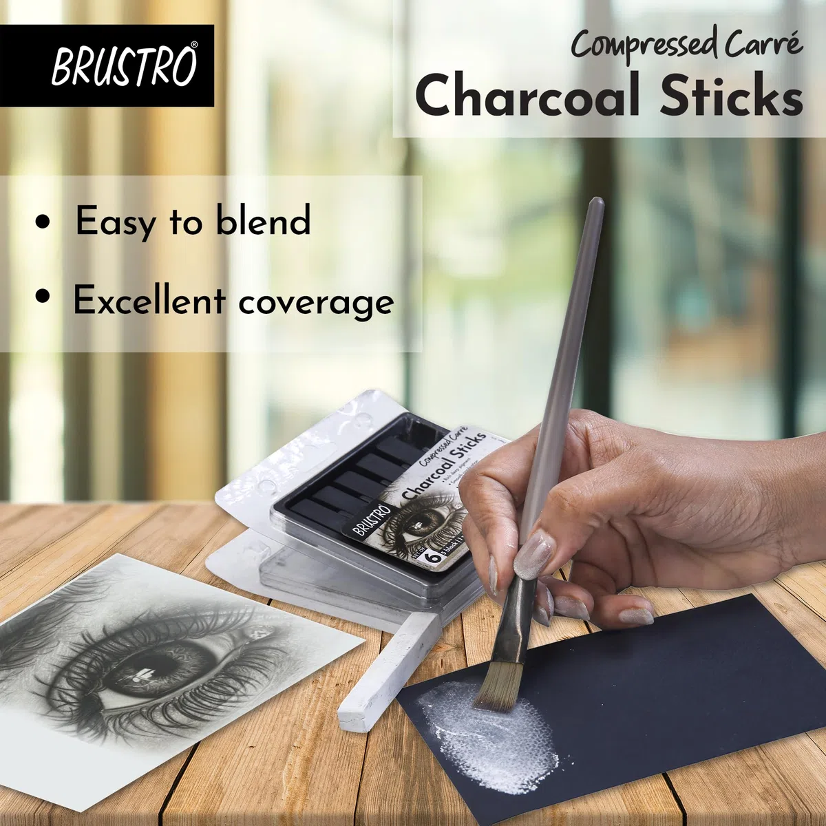BRUSTRO Palos de carbón comprimido para artista, juego de 6 (5 negros y 1 blanco), ideal para retratos de carbón, dibujo, manualidades, uso profesional.