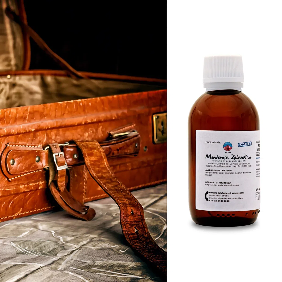 Monterosa Zelandi Srl | Fragancia Cuero | Leather Fragrance Oil | Adecuado para la creación de: Velas, jabones, difusores, bombas de baño y perfumes ambientales. (50 g)