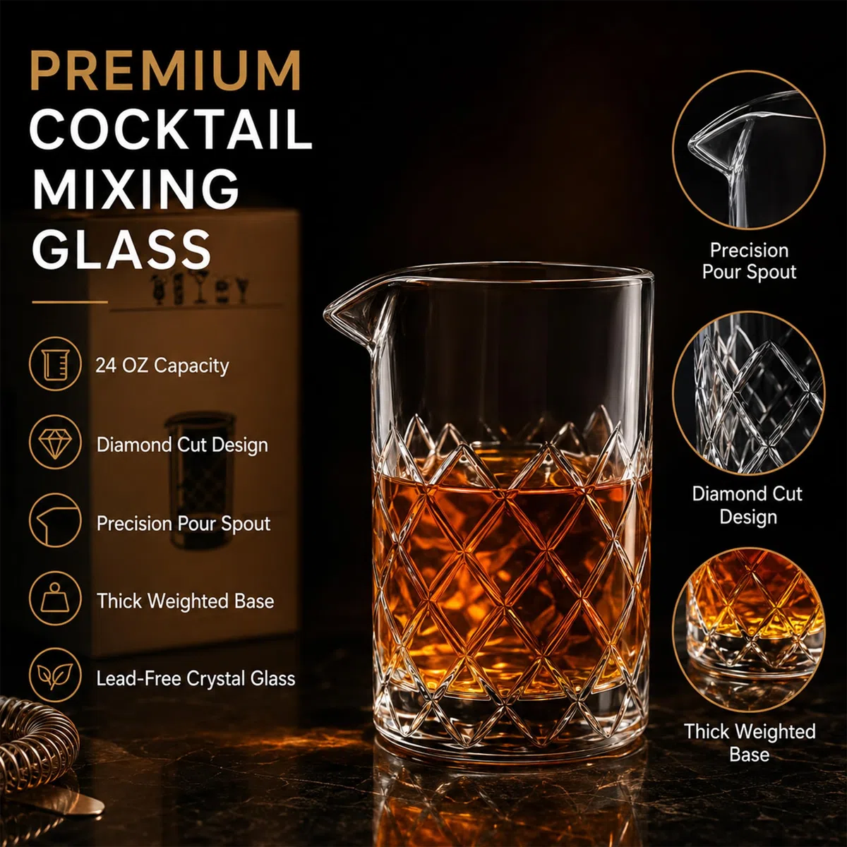 Vaso de mezcla de cócteles, vaso mezclador de cristal, 24 oz cristal agitador, base pesada gruesa - Barman Herramientas de vidrio - Barman Herramientas de vidrio - Bares de Artesanía y