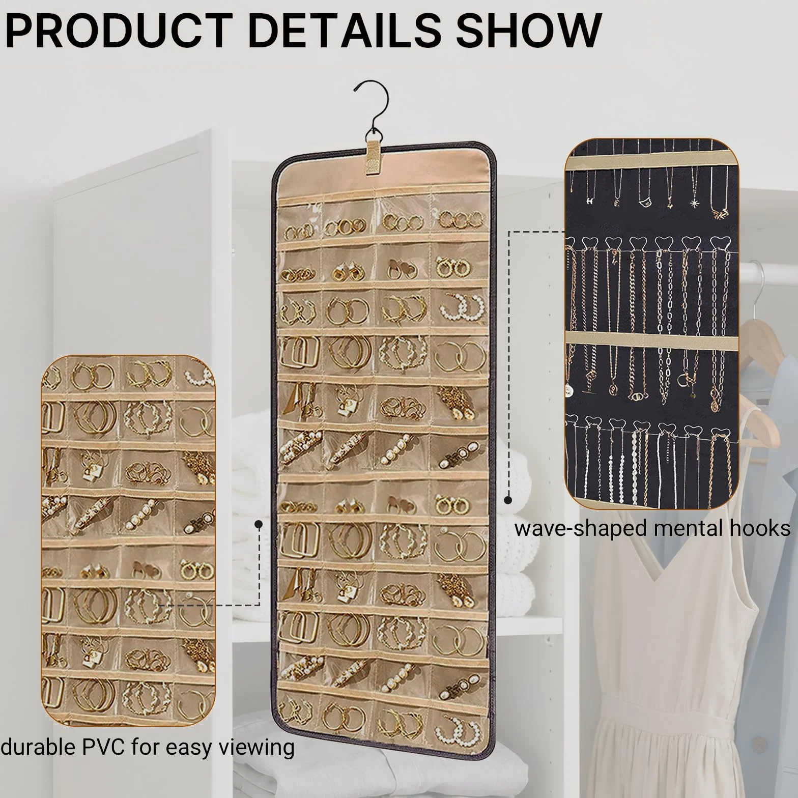 Organizador de Joyas Colgante de Doble Cara con Ganchos de Metal,Almacenamiento a Prueba de Polvo para Pendientes,Collares y Anillos–Joyero Colgante para Armario,Pared o Puerta (Negro,1 Pieza)