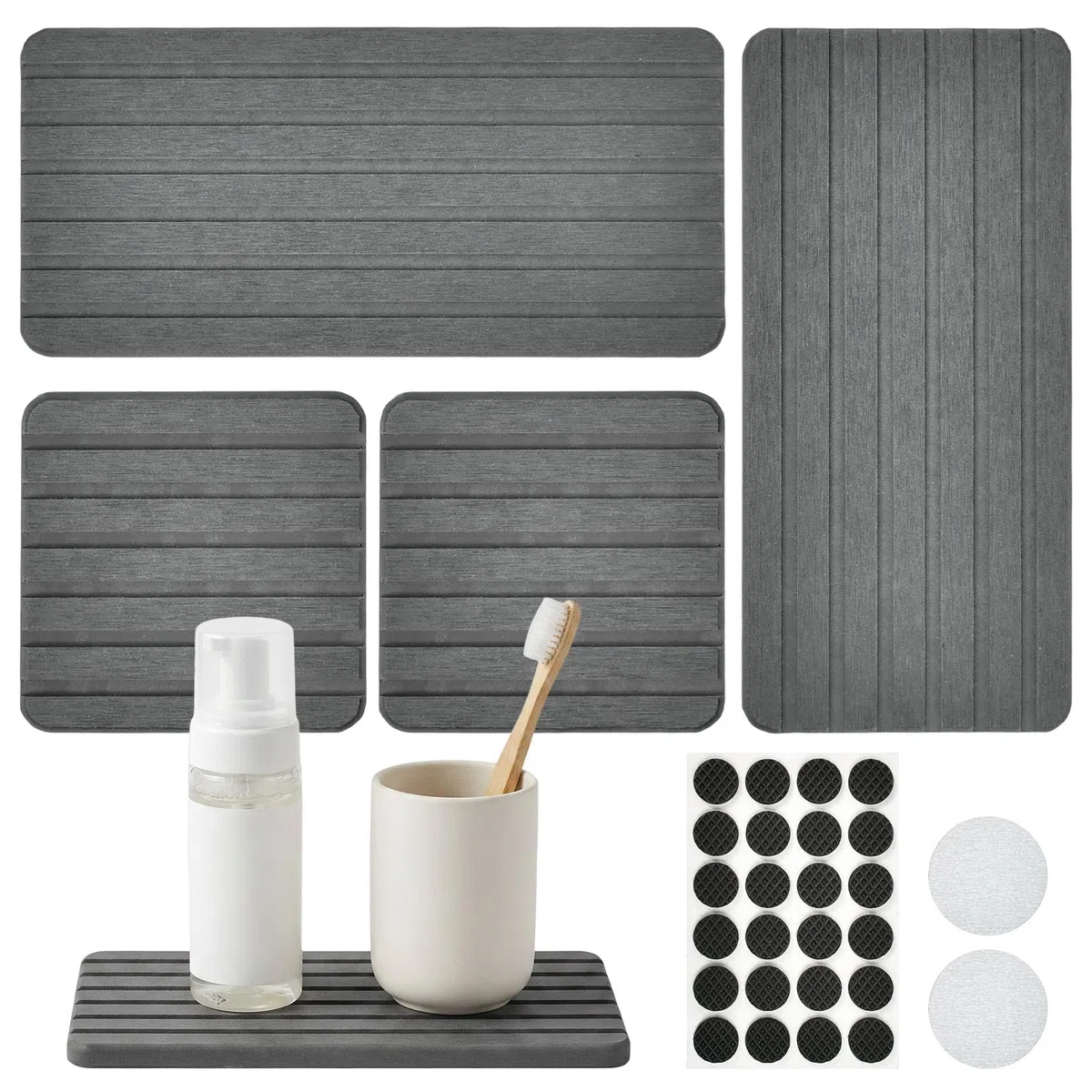 4 Piedras Diatomita para Cocina y Baño, Absorbente de Agua Alfombrilla Fregadero Posavasos Jabonera Soporte Esponja Seca Rápido, Gris Oscuro 2 Grandes (21x10 cm) + 2 Pequeñas (10x10 cm)