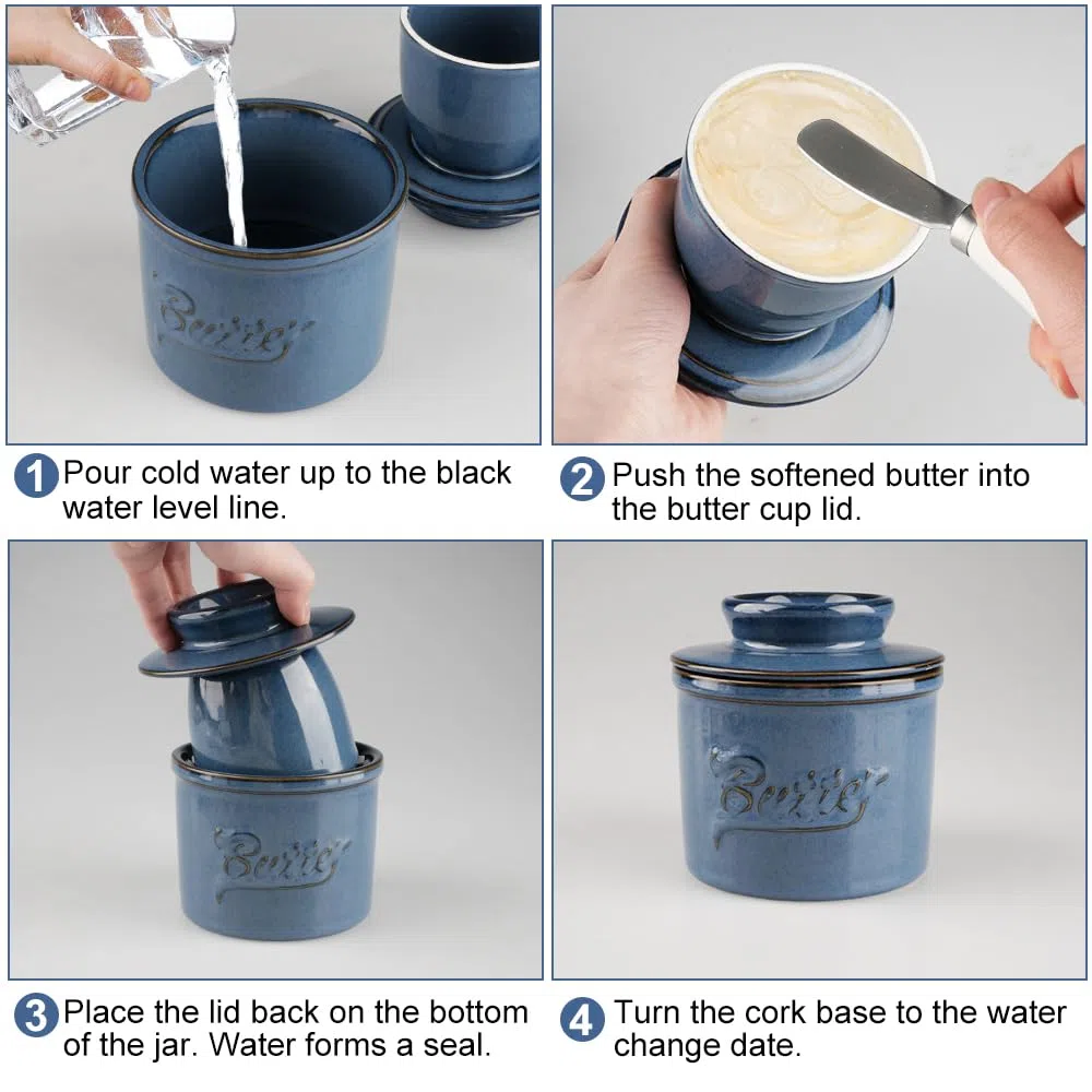 Mantequera francesa de cerámica de 280 g con tapa de cerámica, sistema de refrigeración por agua, línea de agua y cuchillo para mantequilla. Ideal para conservar la mantequilla fresca