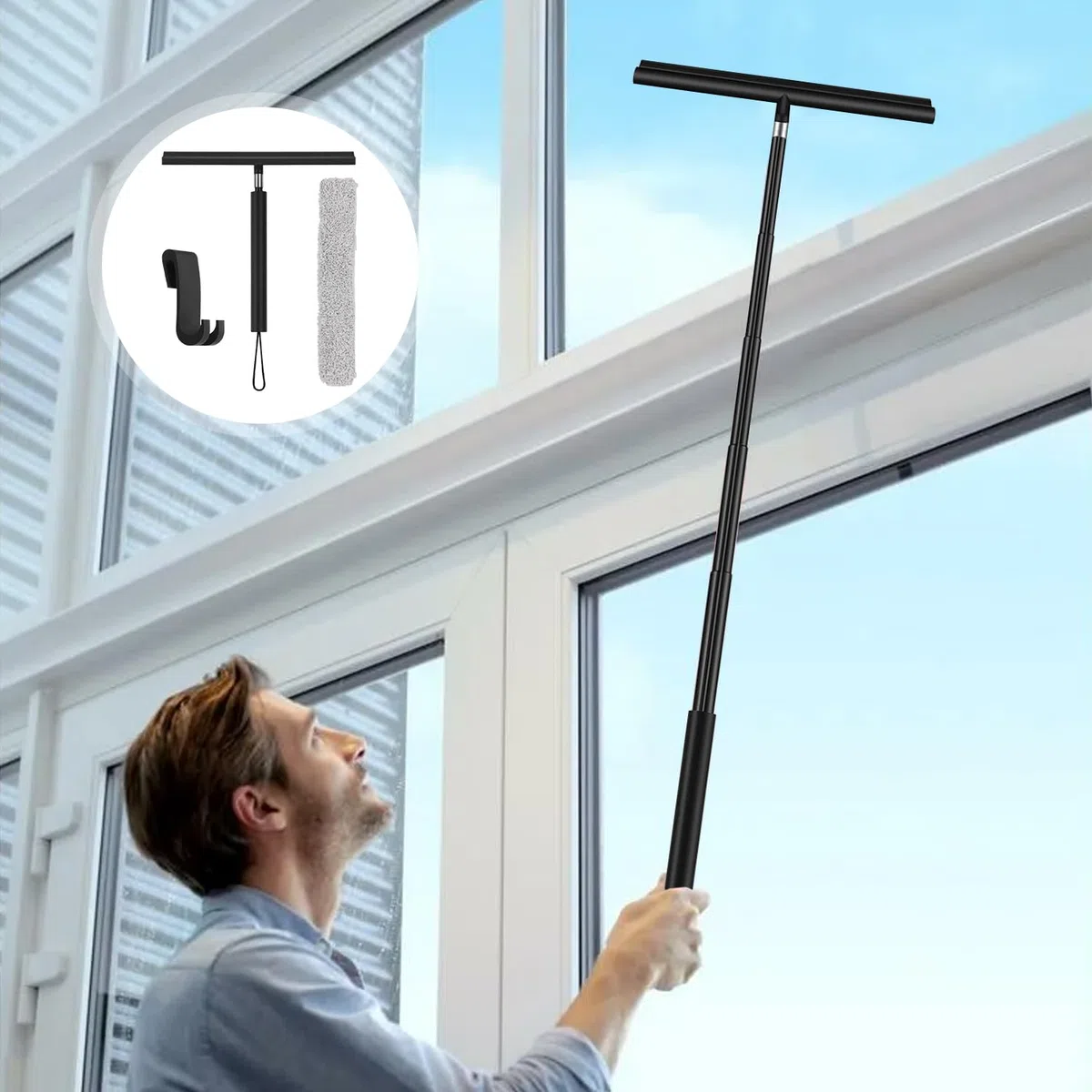 Rasqueta Limpiacristales Extensible 30-140cm, Squeegee Limpiador de Cristales con Gancho y Paño de Microfibra, Accesorio de Baño, Limpiacristales para Ducha, Mamparas, Ventanas, Espejos y Auto