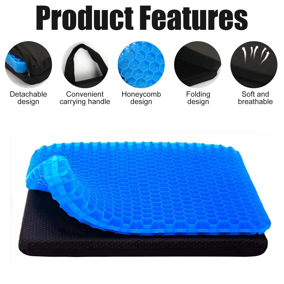 Cojín de Gel para Asiento,Cojín de Gel en Forma de Panal Transpirable,Cojines para Sillas con Funda Antideslizante,Cojín Antiescaras Plegable,Cojin Silla Ortopedico para Oficina, Rueda, Coche (Negro)