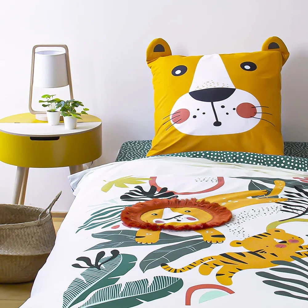 CÔTE DECO Juego de cama infantil reversible, león, verde y amarillo, funda nórdica de 140 x 200 cm y 1 funda de almohada de 63 x 63 cm, 100% algodón