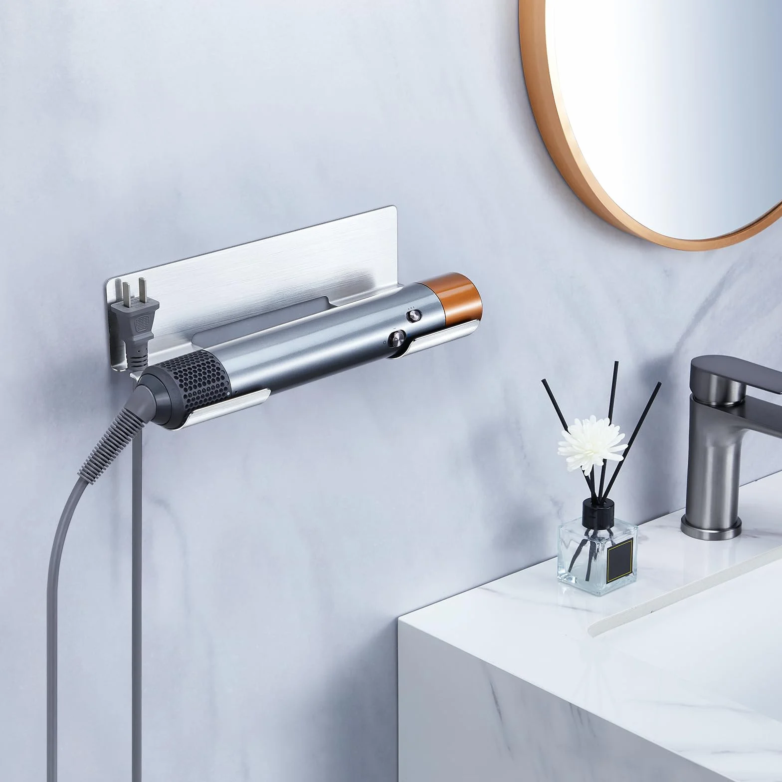 Soporte para Secador y Plancha de Pelo de Pared, Sin Taladrar, para Rizadores y Alisadores, Plata