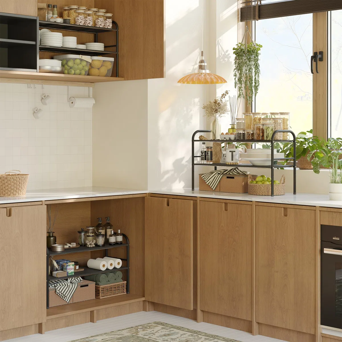 NETEL Organizador de armario inferior, estantería de cocina ajustable con 8 placas móviles, ancho extensible (52,5 – 82 cm)
