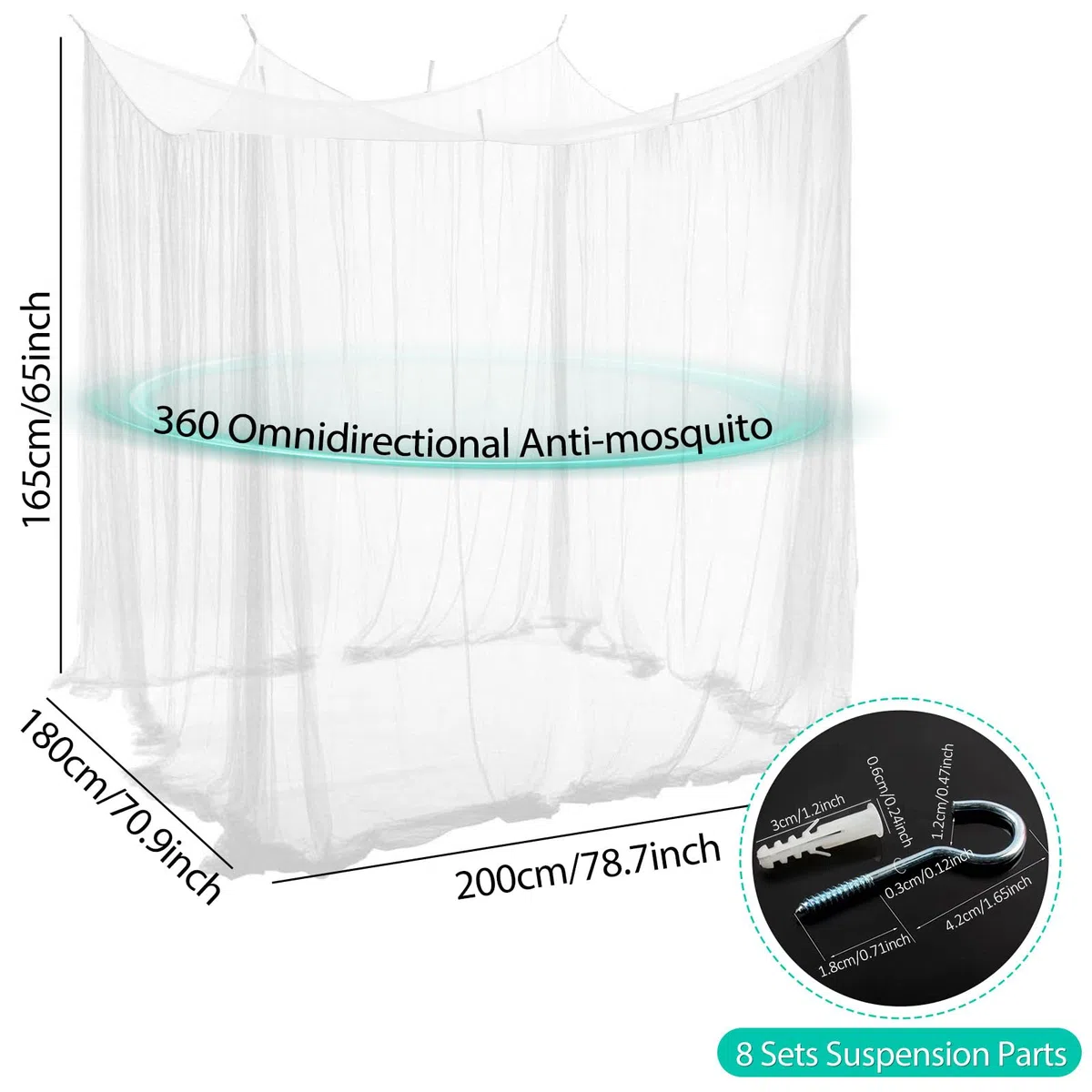 Mosquitera Cama Matrimonio Individual,Grande Dosel Cama Mosquitero,Mosquito Net for Bed Dosel con Kit de Montaje,Blanco Portátil Poliéster Malla Fina Mosquitera Viajes para y Hogar 200x180 x165cm