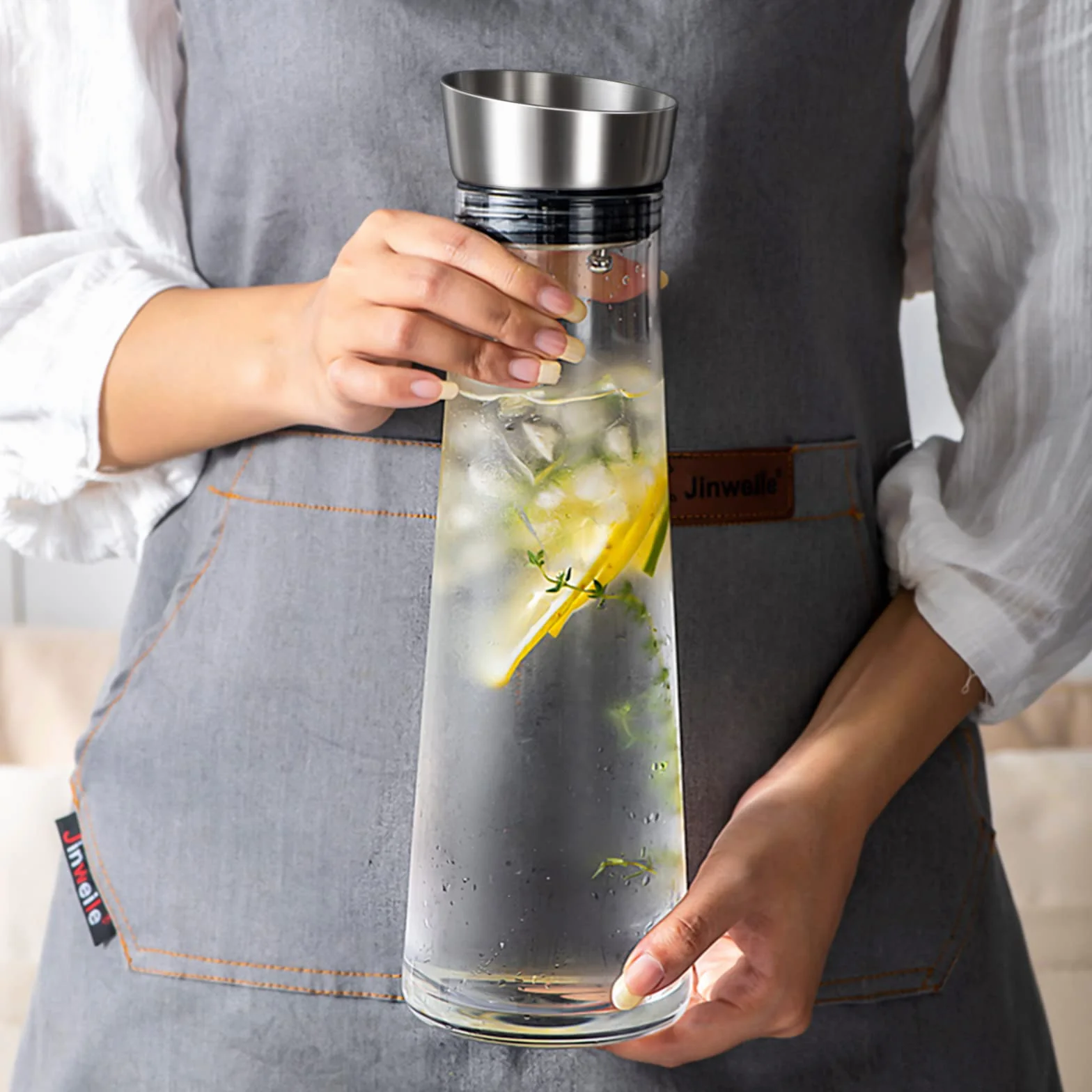 Jarra de vidrio de 1 litro con tapa de acero inoxidable, resistente a los borosilicatos para agua, leche, jugo y limonada