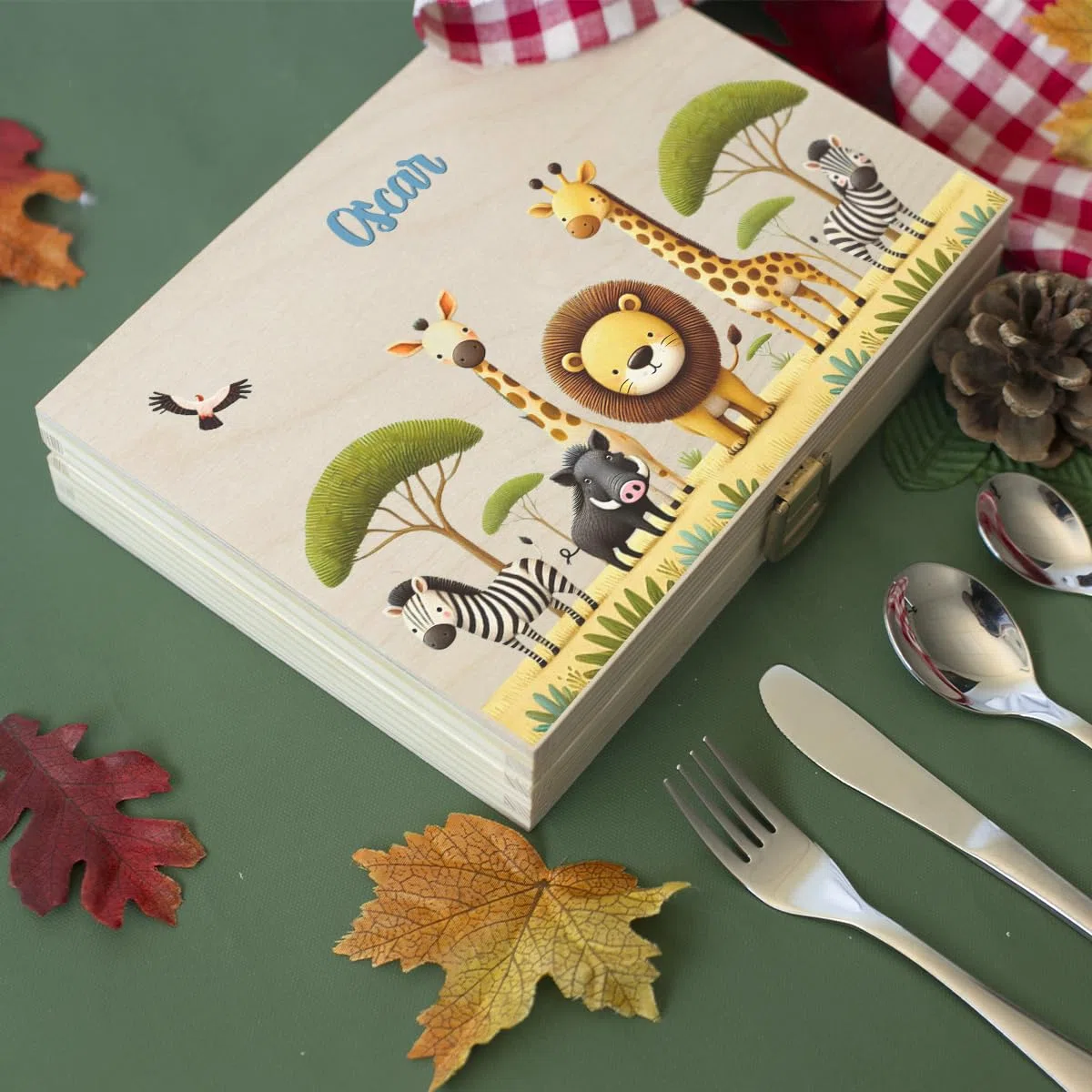 Cubiertos infantiles personalizados con estuche impreso - motivo safari - regalo nacimiento, cumpleaños, bautizo