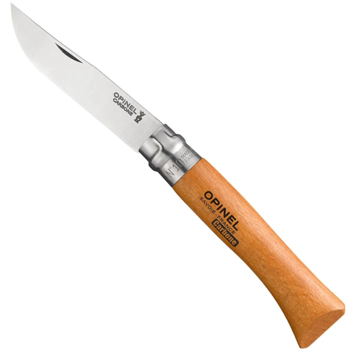 Opinel - N°10 Cuchillo de Bolsillo en Blister - Hoja de 10 cm de Acero Carbono XC90, Mango de Madera de Haya, Uso Diario, Anillo de Seguridad Virobloc - Fabricación Francesa