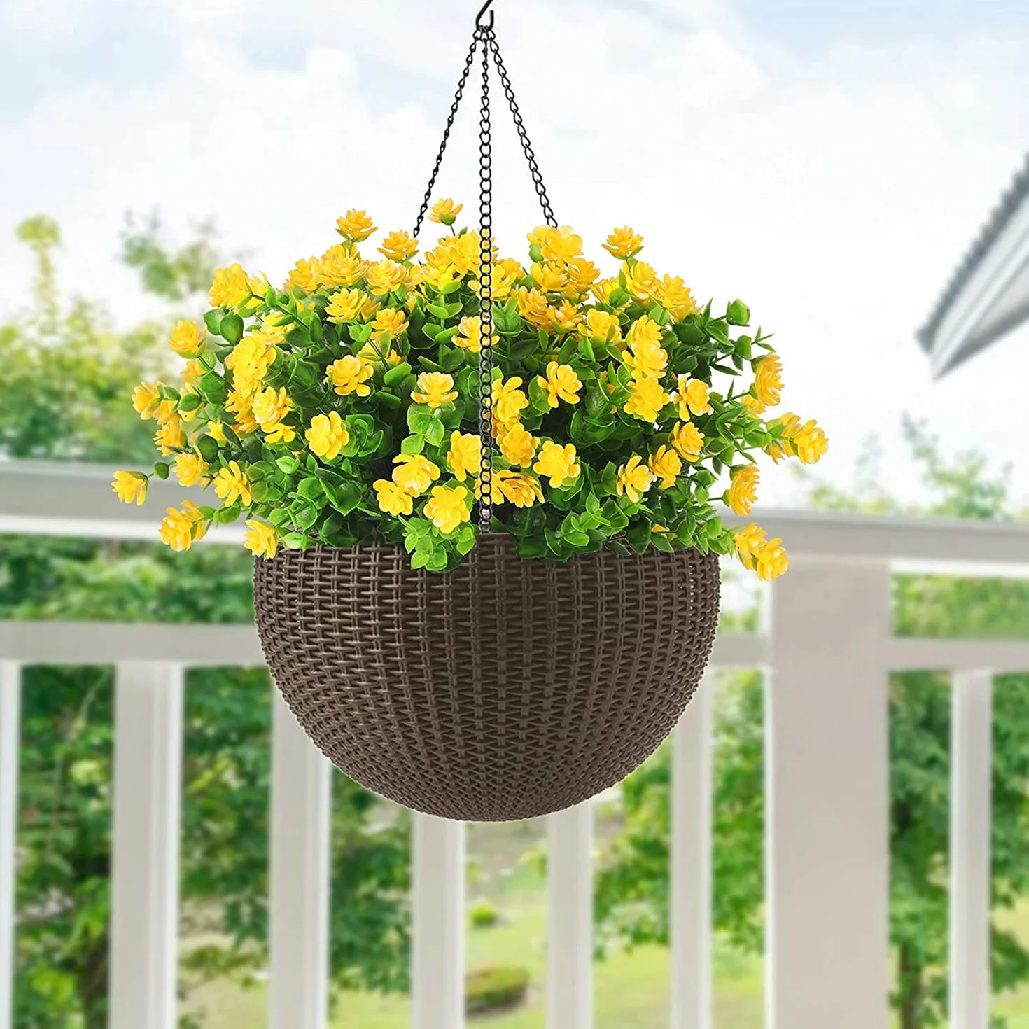 8 Piezas Flores Artificiales Flor Falsas Arbustos Verdes Balcón Resistentes a los Rayos UV Plantas para Colgar Verde Plantas Artificiales Eucalipto para Ventanas Bodas Fiestas(Amarillo)