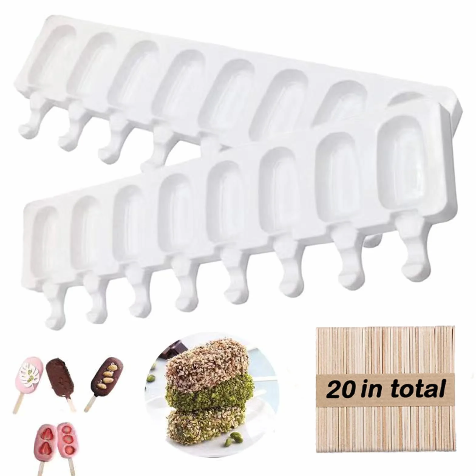 Molde helado,Kmolde helados silicona con palo,Moldes helados silicona 2 Unidades 8 Cavidades Con Aplicar para Hacer forma de helado,Postre Chocolate Helado Pastel de piruletas molde helados