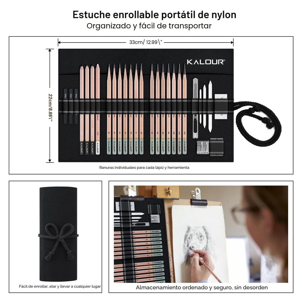 KALOUR Kit profesional para bocetos y dibujo al carbón, 29 piezas, suministros de arte con 14 lápices de grafito, herramientas de carbón y bolsa de lona