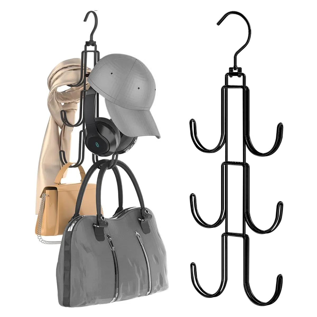 Corbatero, Organizador Cinturones, Percha Cinturones, Colgando Bolsa Rack Multifuncional Cinturón Corbata Giratorio Sling Gancho Organizador para Corbatas, Bufandas, Chales, Bolsos Negro