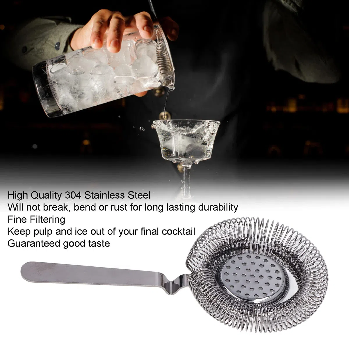 Colador de barra Colador de cóctel Herramienta de filtrado Filtrado fino Colador de cóctel de acero inoxidable profesional para coctelería, Herramienta de barra Colador(plata)