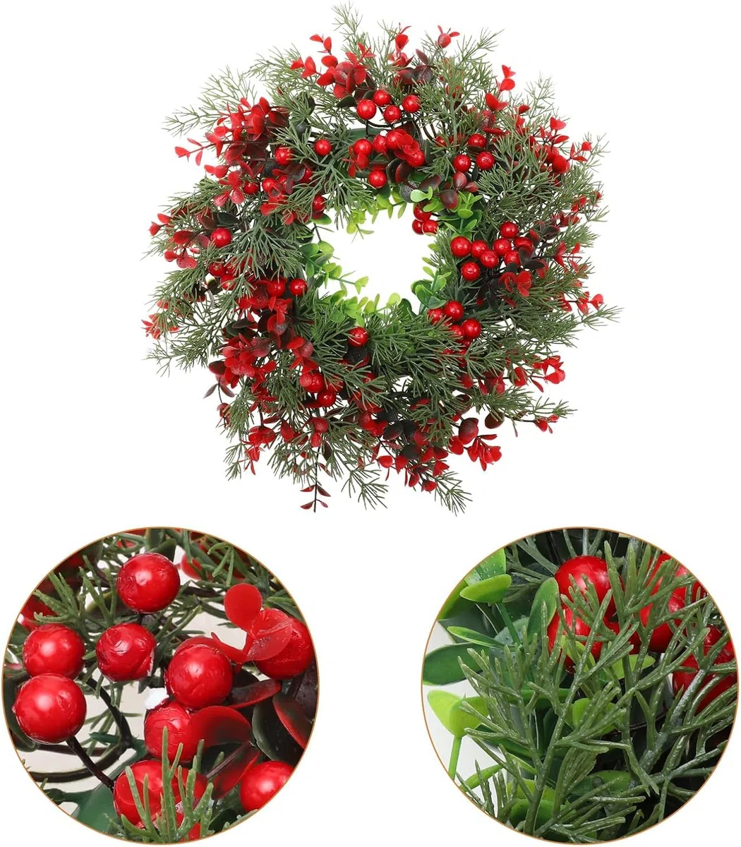Corona de Navidad para Puerta,Coronas Navidad Corona de Adviento de árbol Navidad Conos de Pino Artificial de Acebo Rojo Corona de Bayas Corona de Navidad Adornos Navideños para Casa