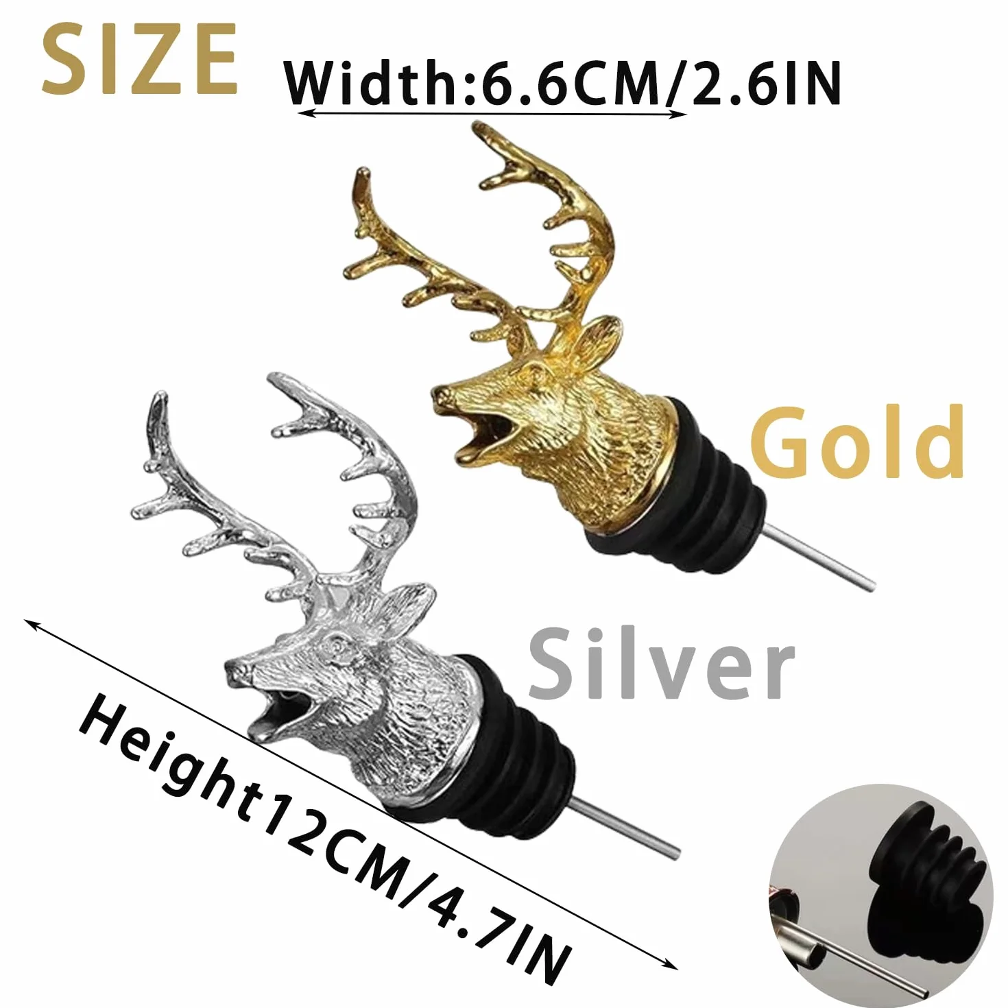 Juego de 2 Vertedores de Alcohol, Vertedor Botellas de Vino Ciervo Metal, Creativo Tapones Decorativos Para Botellas de Vino, Herramientas Del Vino, Pitorro Para Botella de Aceite (Oro y Plata)