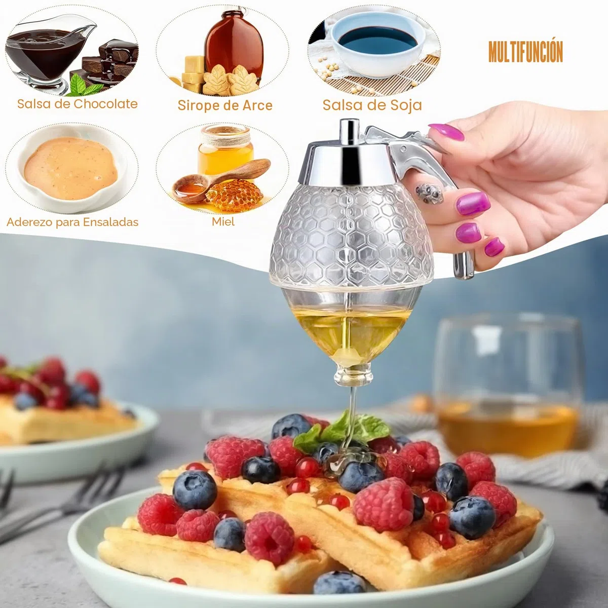 Dispensador Miel, Dispensador de Miel de Acrílico, Tarro De Dispensador De Miel , para Servir Miel y Almíbar, Sin Goteo, Flujo Moderado (200 ml)