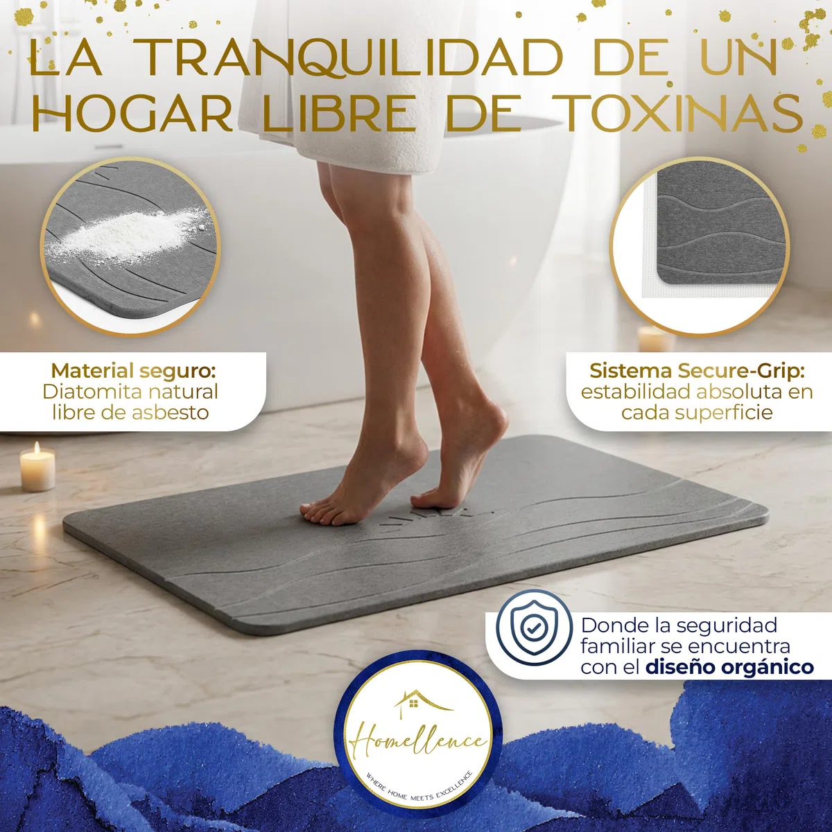 Homellence Alfombra Diatomita Baño 60x39 cm Secado Rápido Antideslizante Higiénica - Alfombrilla Diatomita Antibacteriana Absorbente - Alfombra Baño Piedra - Stone Bath Mat (Solaris Aura)