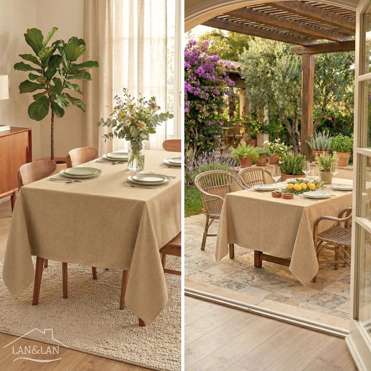 LAN&LAN Mantel Antimanchas con Efecto Lino - Mantel Impermeable para Mesa Rectangular para Interior y Exterior con Fácil Limpieza y Protección Total (Café, 132 x 180)