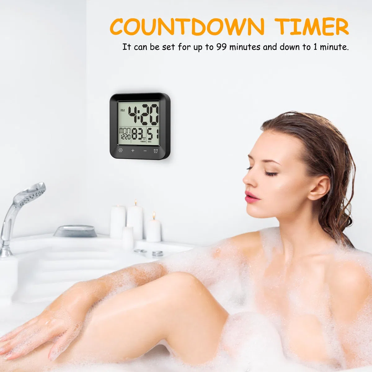 ALLOMN Reloj de ducha digital, resistente al agua, temporizador con alarma de cuenta regresiva, indicador de temperatura, reloj de baño táctil, reloj de ducha con ventosa, soporte para niños y adultos