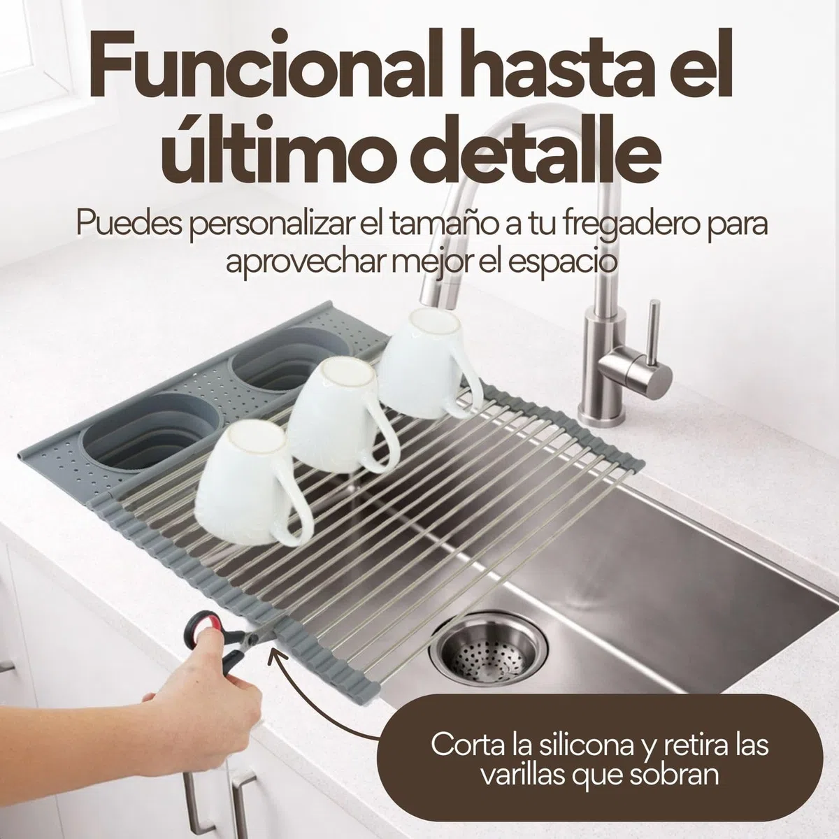 ️ Escurreplatos sobre Fregadero Plegable con 2 Cestas Abatibles Integradas de Silicona Cubiertos y Utensilios Cocina | Escurridor de Platos para Fregadero de Acero Inoxidable y Silicona (Gris)