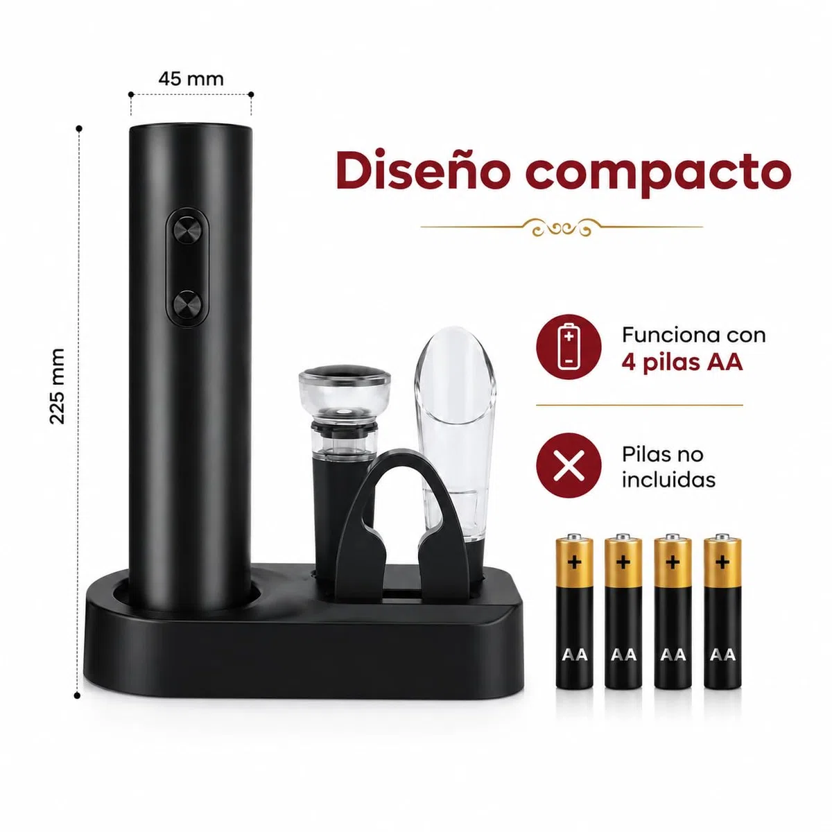 Sacacorchos Eléctrico a Pilas 5 en 1, Abrebotellas de Vino Automático con Cortacápsulas, Vertedor, Tapón al Vacío y Base, para Botellas de Corcho Natural y Sintético, Negro