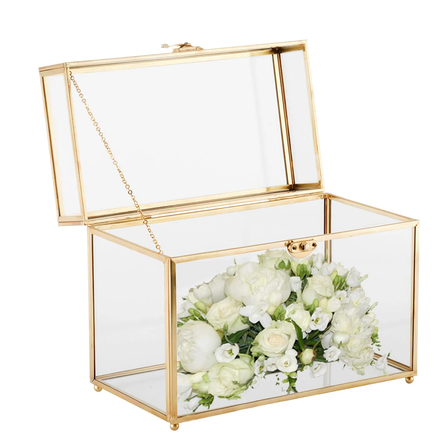 Homtone 25x19x15 cm Caja de Tarjetas de Vidrio Hecha a Mano, Rectangular, Dorado, Terrario de Cristal Transparente, Terrarios para Bodas, Recepcione, Recuerdos y Decoración del Hogar