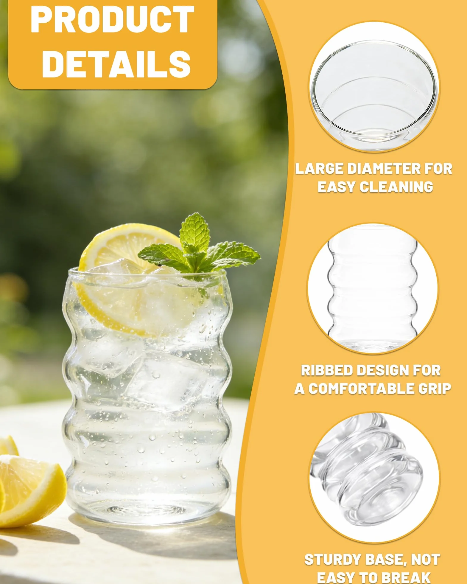 Juego de 4 Vasos de Cristal con Pajita y Cepillos 350 ml – Vasos Ondulados Resistentes Al Frío y Al Calor para Café Helado, Agua y Bebidas