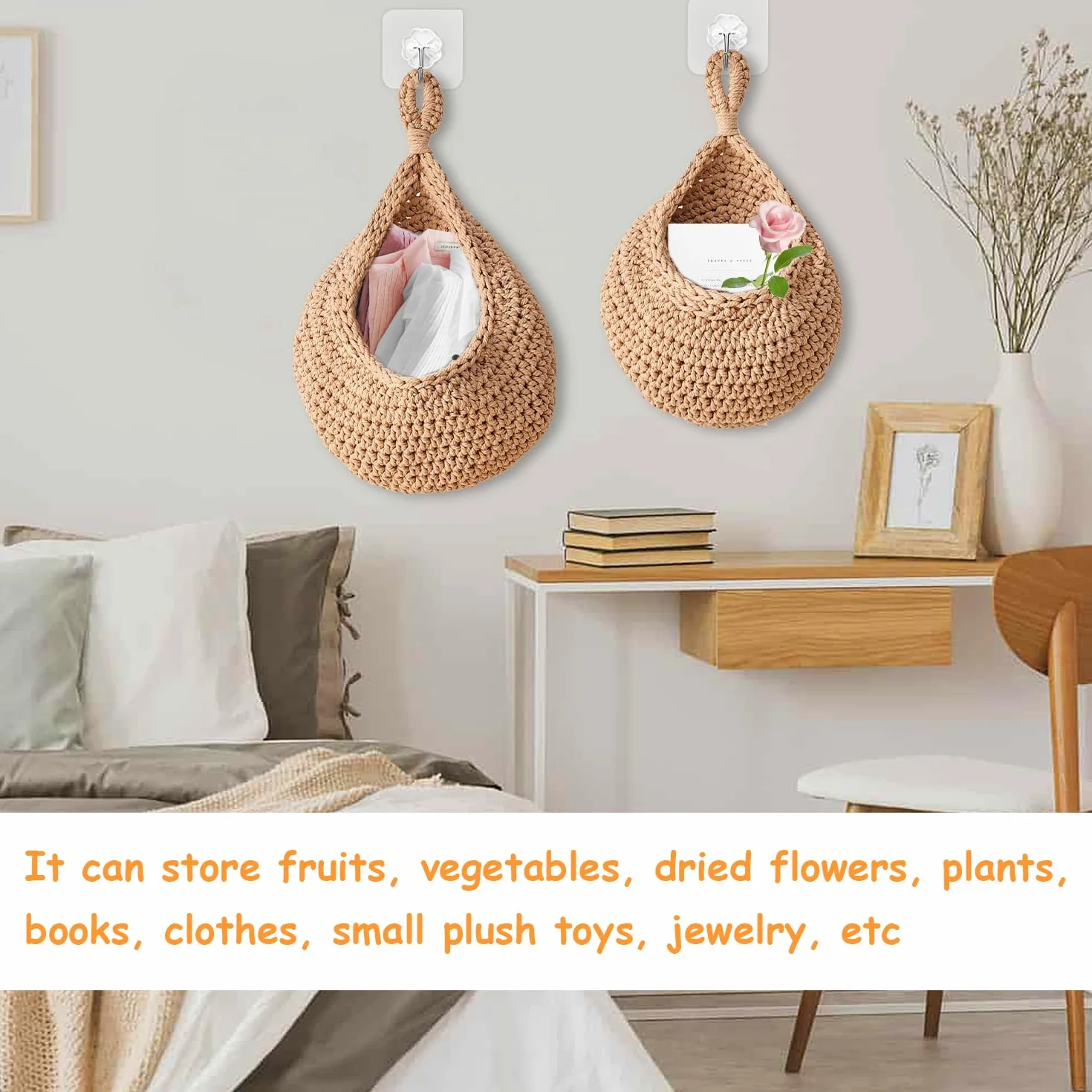 3 Piezas Cestos para colgar de mimbre tejidos a mano - Almacenaje y decoración bohemia para frutas, verduras, flores y juguetes de peluche (Yute)