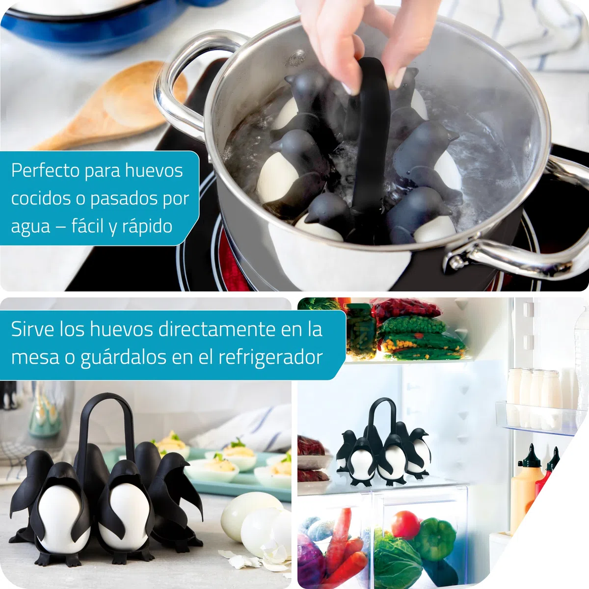 PELEG DESIGN Egguins – Cocedor y Porta Huevos en Forma de Pingüino, Almacena y Cocina 6 Huevos Frescos o Cocidos – Organizador Compacto para Nevera (Egguins)
