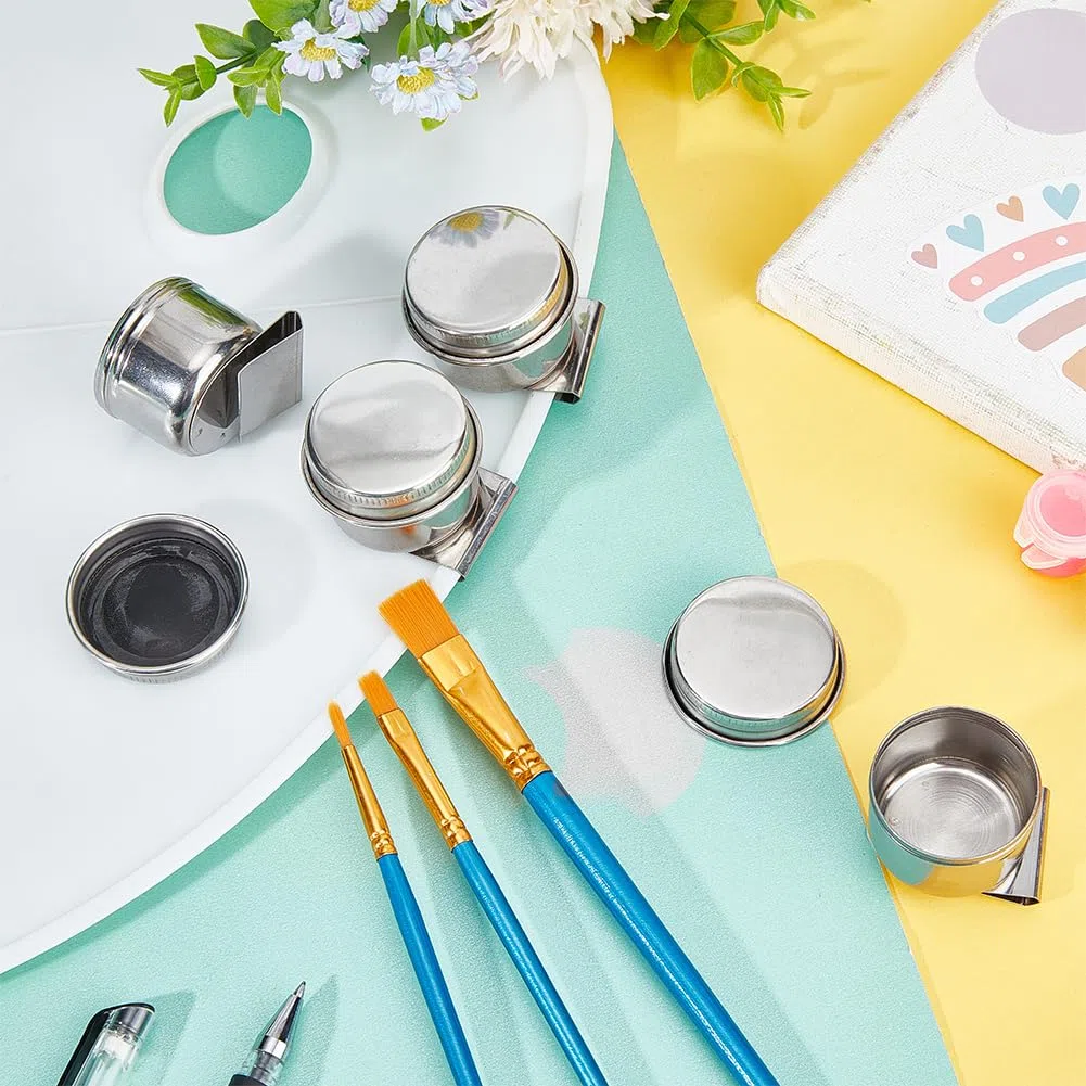 UNICRAFTALE 4 Pieza de Acero Inoxidable Pintura Al Óleo Taza Paletas Contenedor Taza Metal Cazo Pintura Recipiente Contenedor con Tapa Y Clip Boca Grande Solo Cazo Paleta Taza para Dibujar