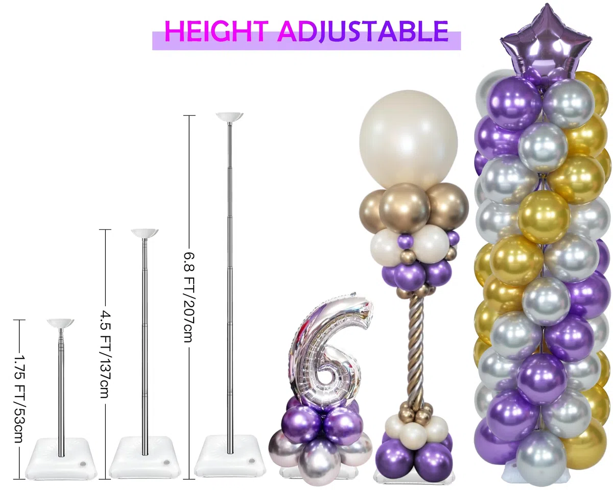 YALLOVE Soporte para Globos, Juego de 2, Soporte de Columna de Globo Ajustable 2m, Estructura para Globos Metálica Telescópica Reutilizable Para Fiesta, Boda, Cumpleaños (Globos no Incluidos)