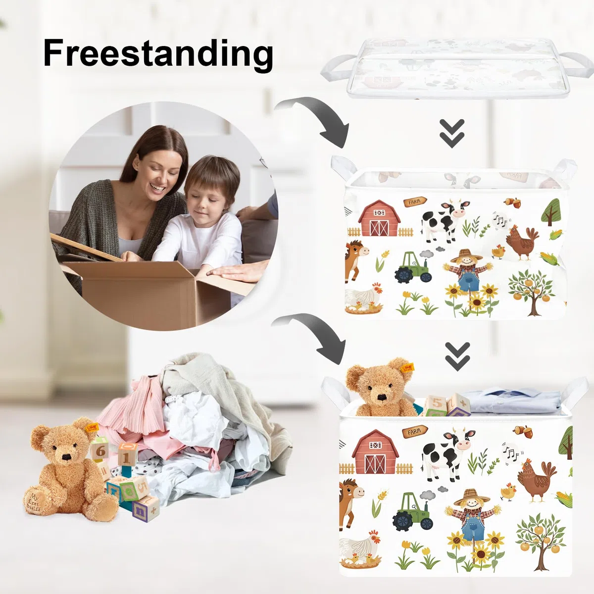 Clastyle Cestos Almacenaje Infantil Animales de Granja Cesta Ropa Sucia Plegable para Habitación Bebé Dormitorio Cajas de Almacenaje Juguetes para Chico Chica, Girasoles, 40x30x30 cm