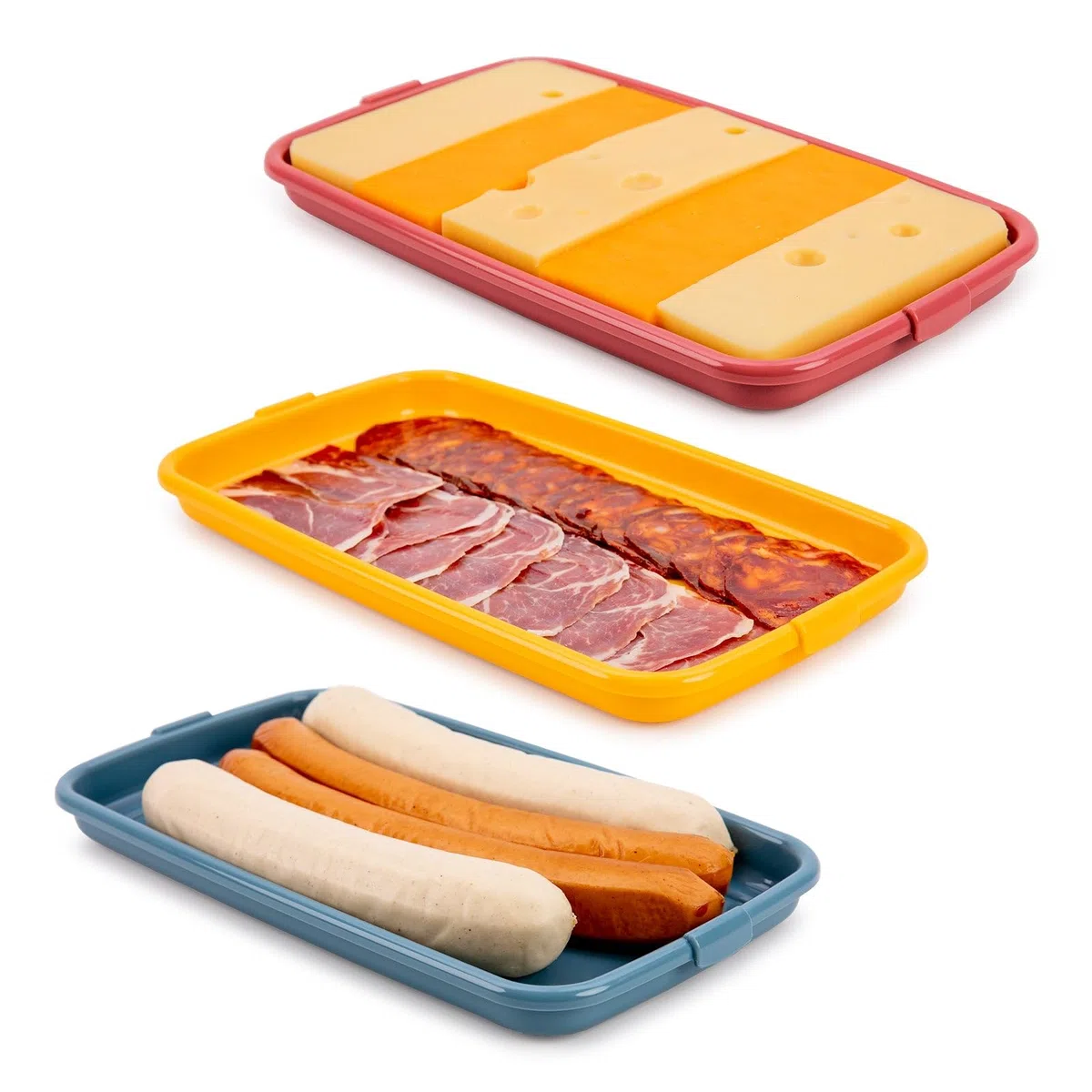 IBILI - Set de 4 Tapers para Embutidos y Fiambres, 4 tapers de 24,8 X 14,4 X 3,3 cms, Plástico Libre de BPA, Reutilizable, Amarillo + Rojo + Verde +Azul