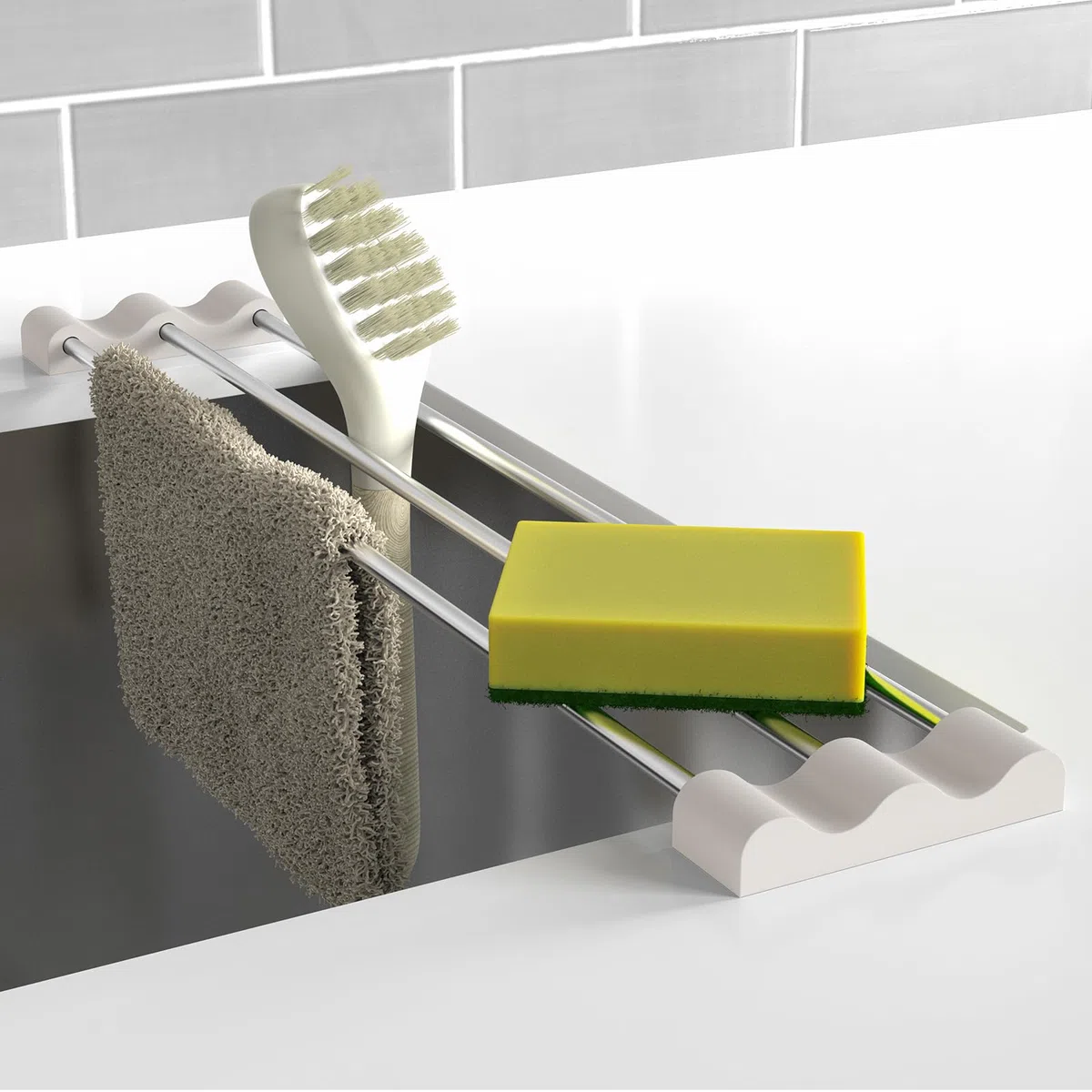 Tomorotec Estante de Cocina Ajustable sobre el Fregadero para paños de Cocina, esponjas, Botellas y cepillos, Acero Inoxidable Resistente al Calor con diseño Delgado, Extensible y Soporte de Silicona