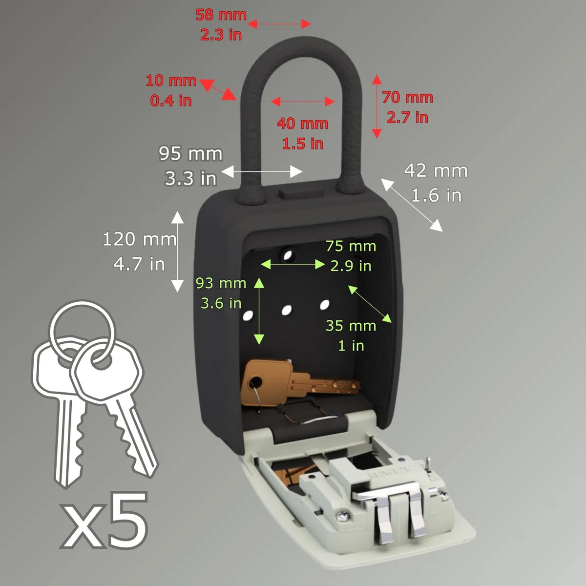 VECTA Caja Fuerte para Llaves con Asa Portátil – Código 4 Dígitos Aluminio Impermeable para 5 Llaves, Negro/Gris – Caja Llaves Pared y Colgante Casa, Airbnb, Garaje