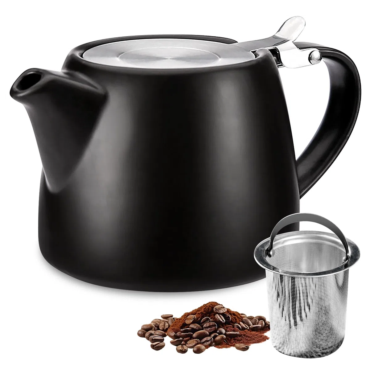 Tetera de porcelana de 500 ml, tetera de doble pared con tapa, asa y colador de té de acero inoxidable, cafetera de porcelana sin goteo, tetera de cerámica para café, té, semibrillante, color negro