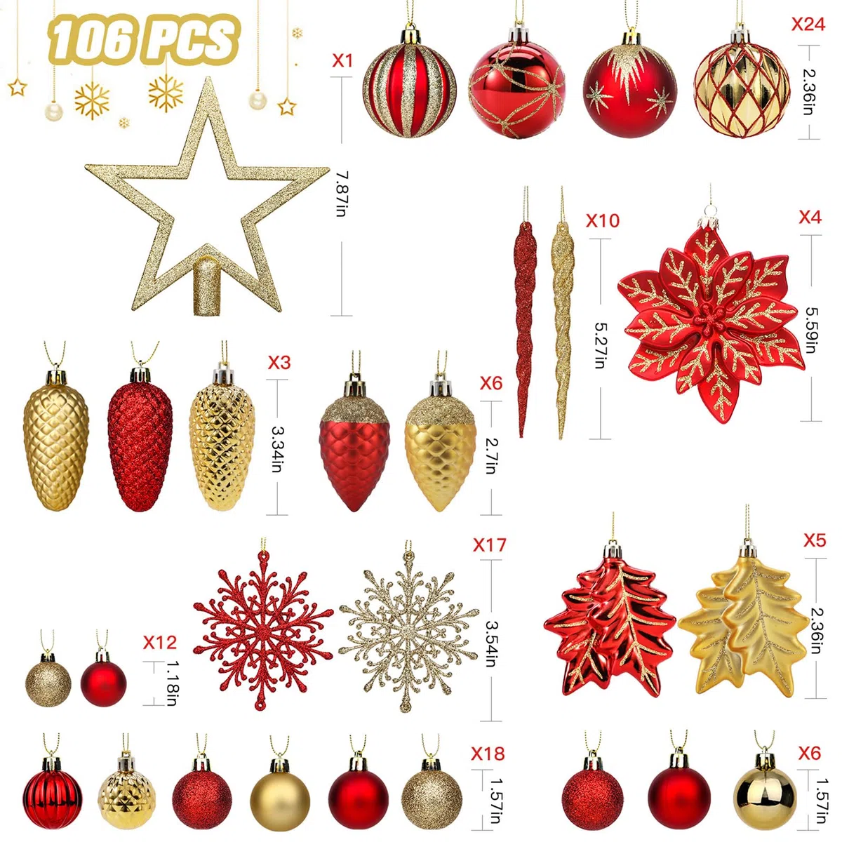 SHareconn 2025 Nuevo Juego de 106 Adornos Navideños, Adornos Decorativos de Plástico Inastillables para Decoración del Árbol de Navidad, Rojo rubí Y Oro