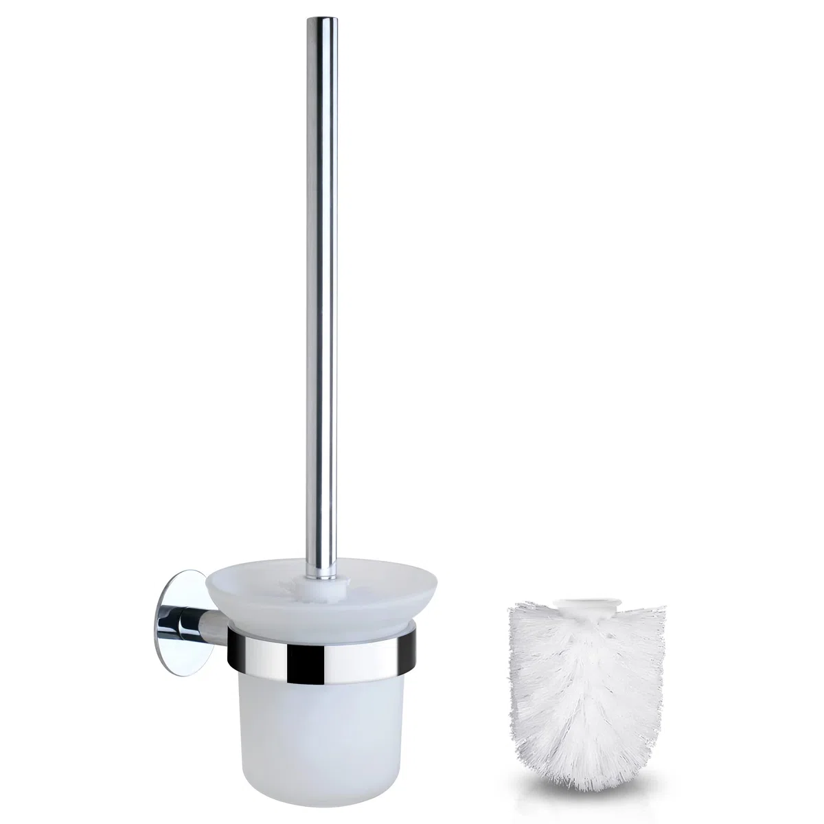 Escobillas de Baño Pared sin Taladro Escobilla WC Cromo Aceros Inoxidable con Adhesivo Soporte Escobilla de Pegar Escobillero Baño con 2 Cepillo Inodoro Blanco y Portaescobillas de Vidrio