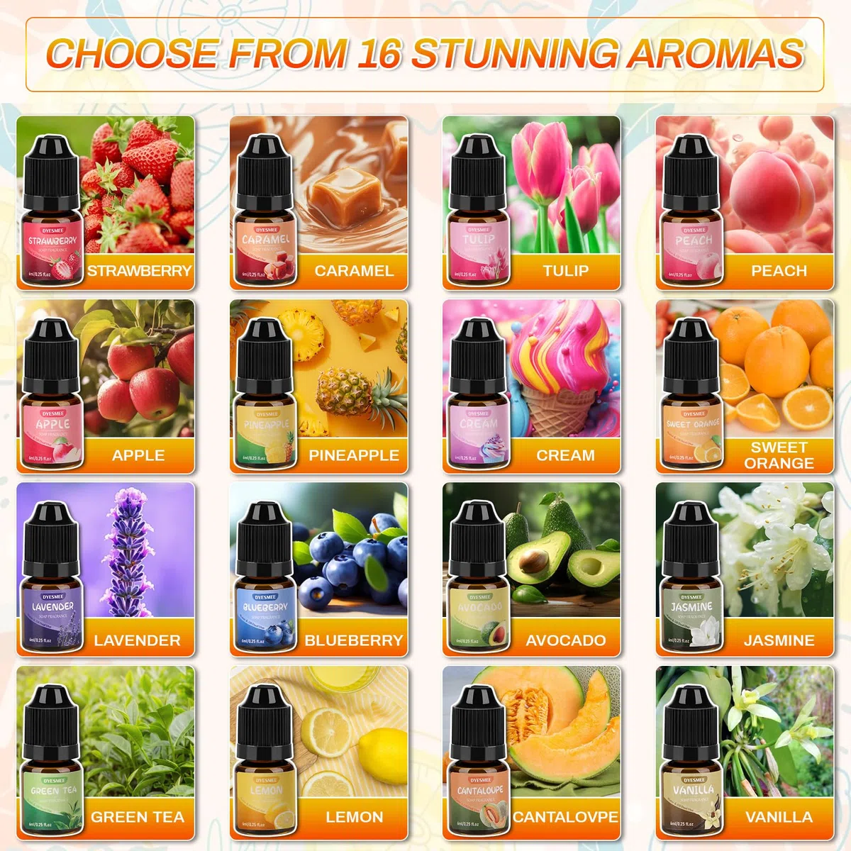 Aceite Aromático para Jabón, 16 x 6 ml de Aceite Aromático para Hacer Jabón, Juego de Aceites Aromáticos Líquidos para Bombas de Baño Caseras, Slime, Velas, Lociones, Cosméticos y Aromas para el Hogar